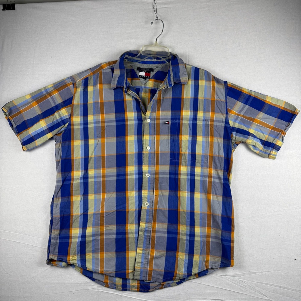 Tommy Jeans Mens XXL Short Sleeve Plaid Button Down Shirt Blue Orange